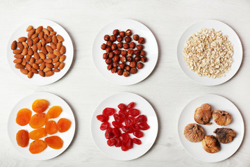 Set of different products on wooden background