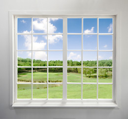 Fototapeta na wymiar Modern residential window with lake view