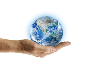 Male hand holding earth on white background