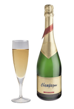 Champagne bottle and champagne glass on white