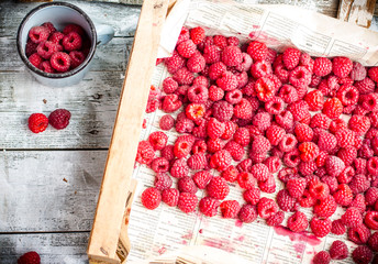 red raspberries in a wooden box and a metal mug, top view
