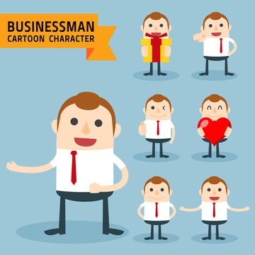 Set of businessman characters poses, expressing feeling and emotional concept, office worker. Elements for design. Vector illustration, isolated on light blue background.