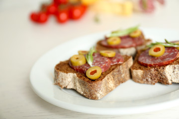 Tasty sandwiches on plate, close up