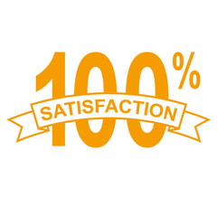 Icono plano cinta texto SATISFACTION naranja con 100%
