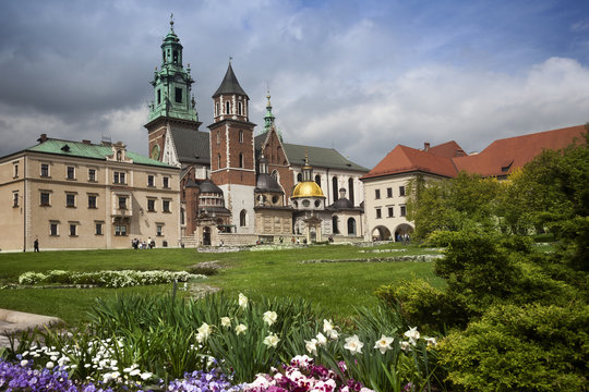 Krakow Wawel castle yard with flowers view, Poland, Europe