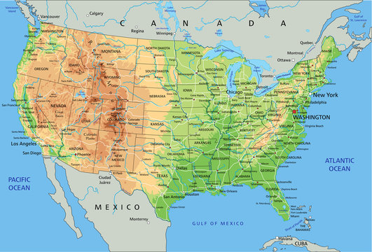 High detailed United States of America physical map with labeling.