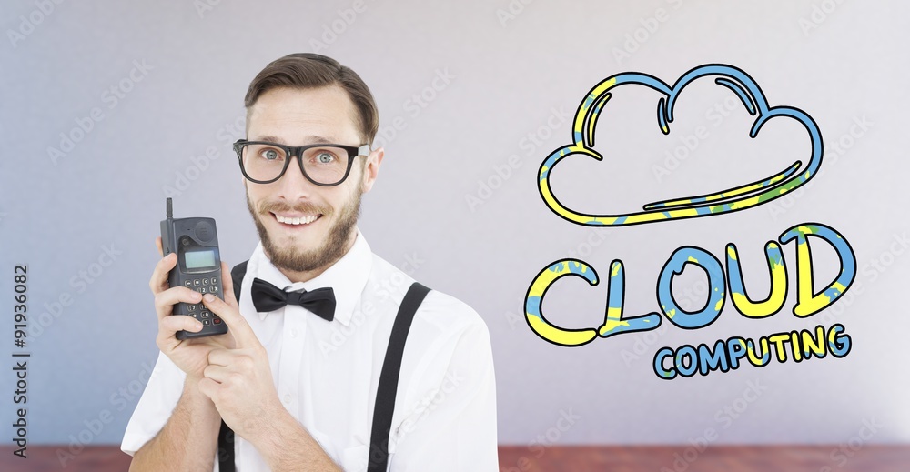 Poster composite image of geeky hipster holding a retro cellphone