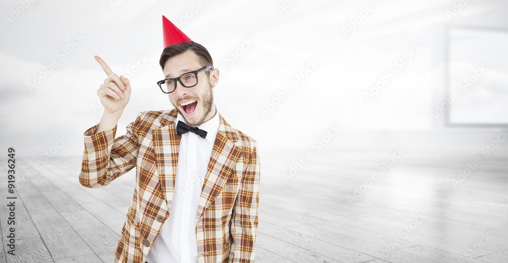 Poster composite image of geeky hipster in party hat pointing