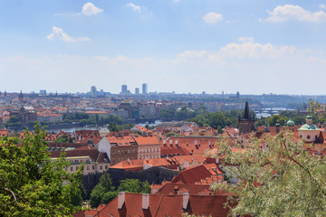 Fototapeta na wymiar View of Prague cityscape with river Vltava in sunshine