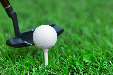 Golf balls and driver on green grass  background