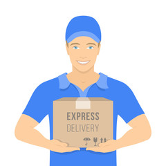 Flat vector illustration of a smiling young attractive man courier holding a parcel in a cardboard box. Express delivery concept. Delivery boy in a blue uniform. Front view on white