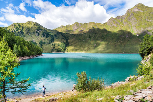 View of lake Ritom with the Alps in background, Piora, Canton Ticino of Switzerland