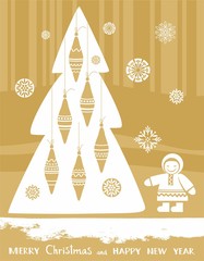 Postcard, Christmas, New Year, North, child, Christmas tree, Golden background. 