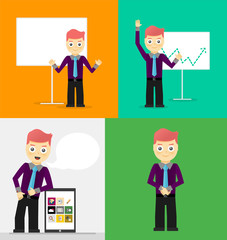 Poses of young businessmen, presentation white board, leaning on