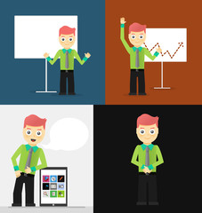 Poses of young businessmen, presentation white board, leaning on