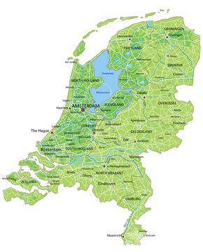 High detailed Netherlands physical map with labeling.