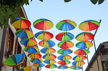 Fototapeta na wymiar Colorful umbrella on roof