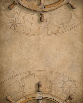 Fototapeta old nautical map with steering wheels
