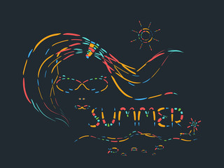 Abstract summer time line design colorful with girl vector