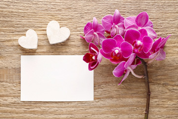 Beautiful pink orchid flowers and sheet of paper on wood