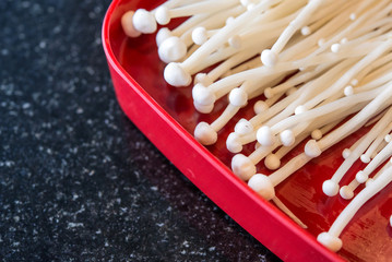 Golden needle mushroom (enoki) on red plate