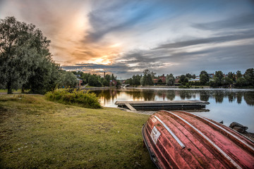 Lifeboat, sunset river lanscape in Helsinki