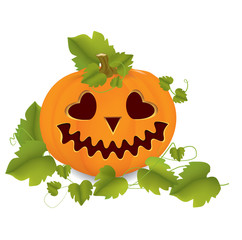 Orange pumpkin carved with leaves