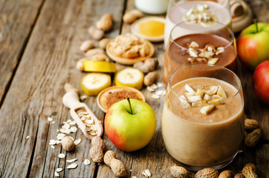 list peanut butter smoothie with chocolate, apples, banana and oats. the toning. selective focus