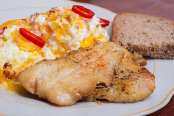 delicious and nourishing dinner. Vegetable salad, fish and eggs