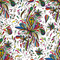 Vector seamless bright ethnic endless pattern, floral colored ornament, fashion fabric doodles