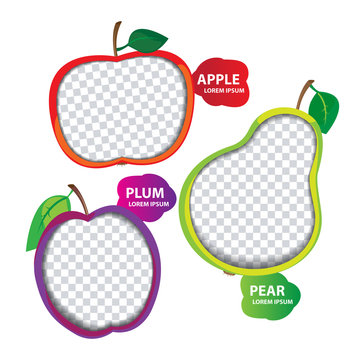 Blank vector fruity baby photo frame: apple, plum, pear