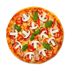 Delicious pizza with mushrooms and bacon