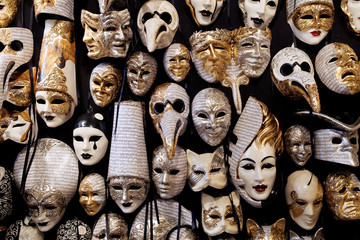 Venetian full-face masks for Carnival in shop. Venice, Italy 