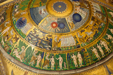 Fototapeta na wymiar Green and gold glass mosaics of the Basilica of Saint Mark. Venice, Italy