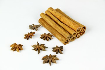 Spice star anise, cinnamon isolated on white background