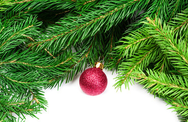 Christmas background with fir twigs and red balls isolated on wh