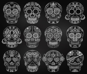Vector Collection of Chalkboard Day of the Dead Skulls or Sugar Skulls
