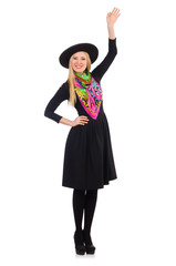 Woman in long black dress isolated on white