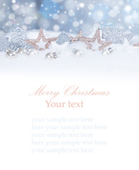 Christmas background with baubles,snow and snowflakes, free space for text. Christmas decoration. 