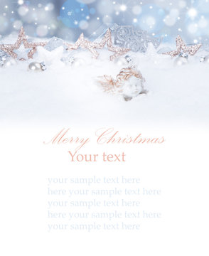 Christmas background with baubles,snow and snowflakes, free space for text. Christmas decoration. 