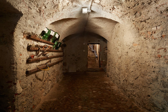 Old, Dark Basement Corridor In Ancient House