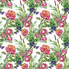 Gordijnen Tropische Bladeren Watercolor seamless pattern with roses. Background for web pages  © kostanproff