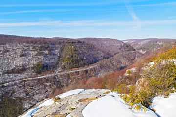 Allegheny Mountains range in West Virginia in winter. The road along mountain side in the park.