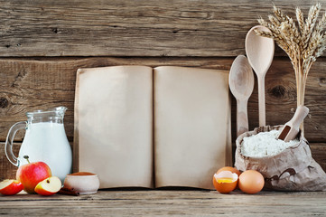 baking ingredients eggs, flour, wheat, cinnamon, milk, apples