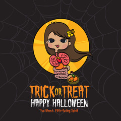 Vector Illustration of Thai Filth-Eating Spirit and Spider-Web Background on Halloween.