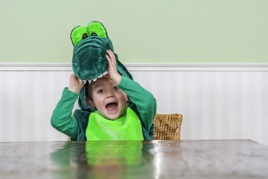 Cute child in crocodile suit