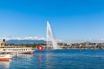 Water jet fountain with rainbow in Geneva - 91959294
