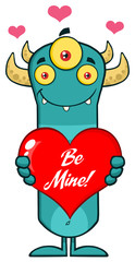 Smiling Horned Blue Monster Holding A Be Mine Valentine Love Heart