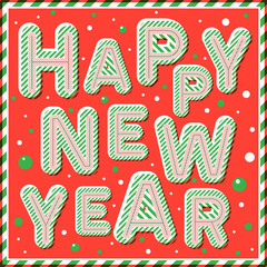 Greeting card with Happy New Year lettering of the retro striped letters and stylish balls. Best for banners and posters. Vector illustration