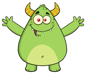Funny Horned Green Monster Character With Welcoming Open Arms